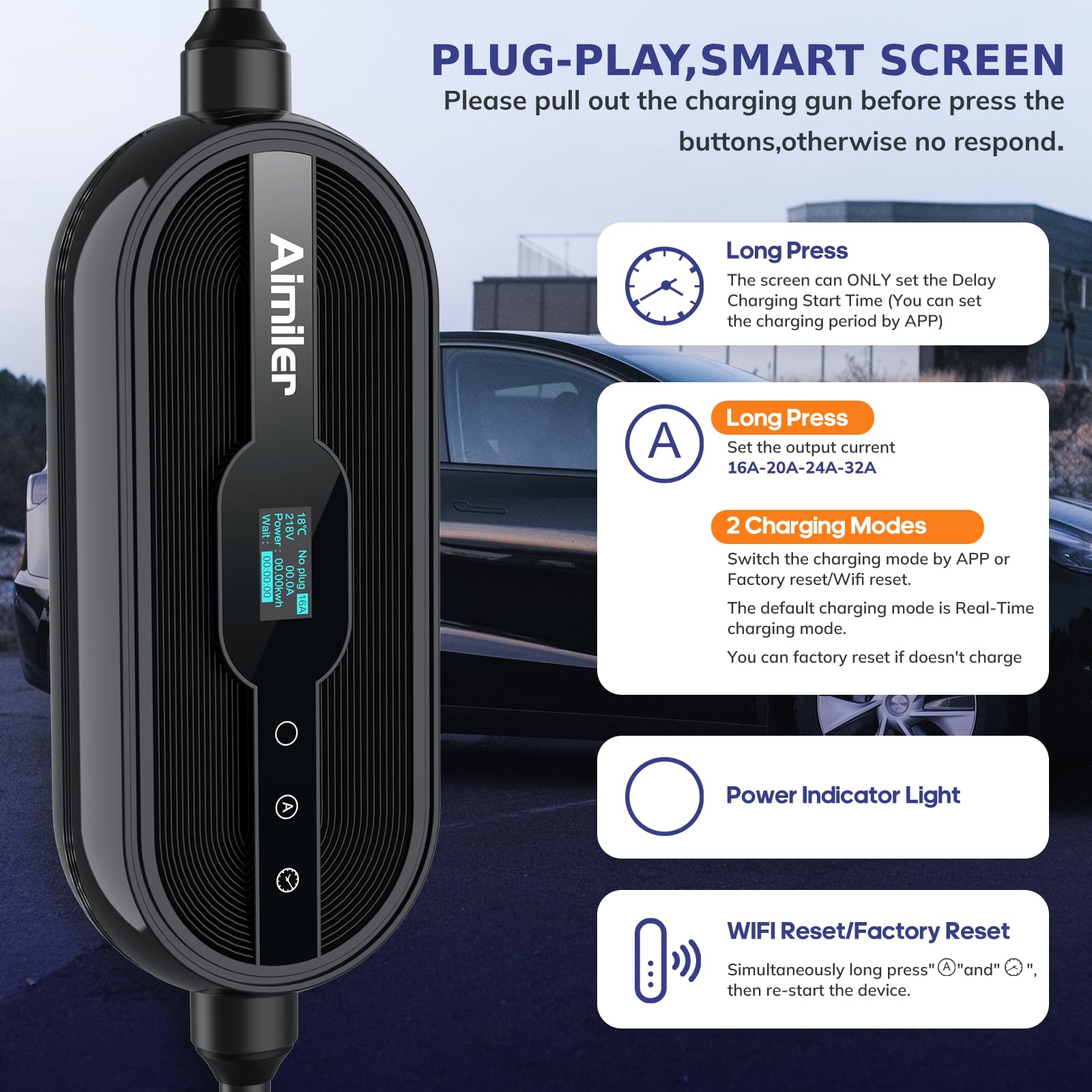 AIMILER charging gun plugged into Tesla port faster convenient charging