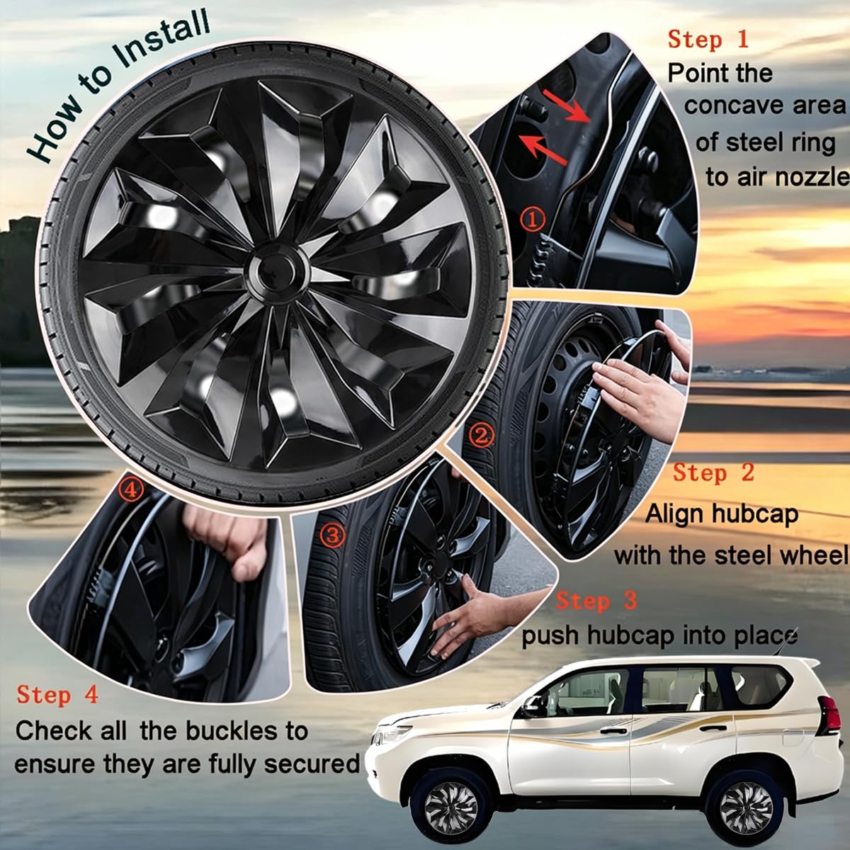 Aiqiying hubcaps fitted on parked car showing refreshed vehicle appearance
