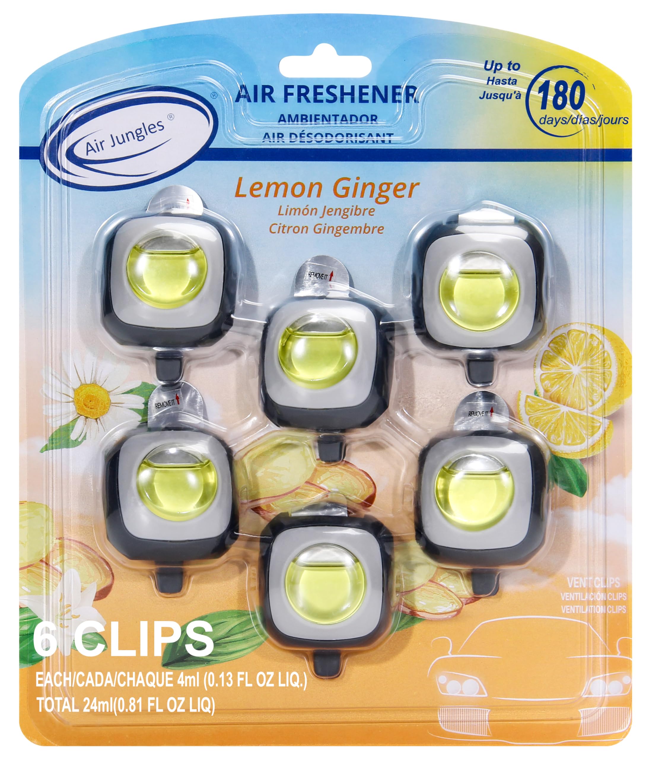 Air Jungles front packaging showing six lemon ginger vent clips and months of freshness