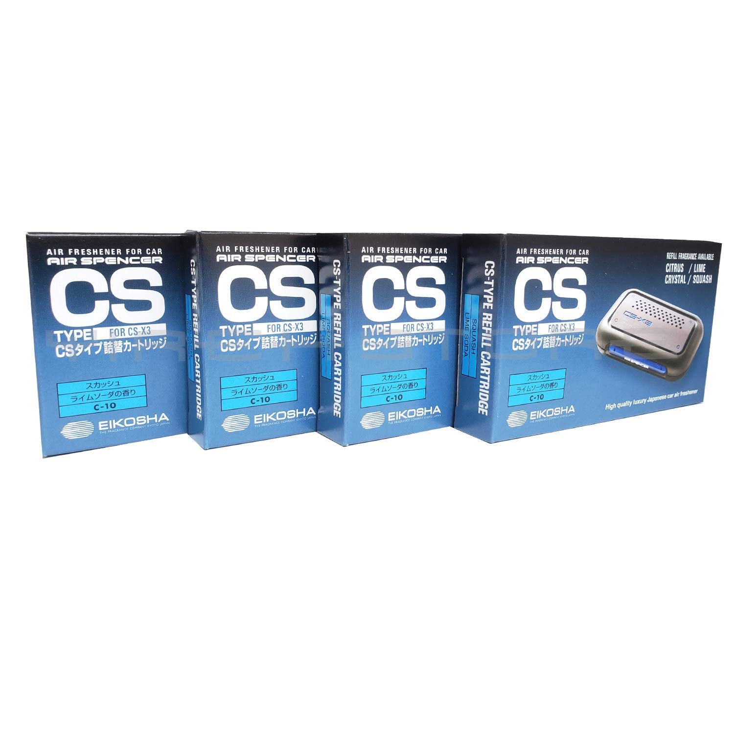 Air Spencer front packaging showing four squash refill cartridges and clear labeling, easy replacement benefit