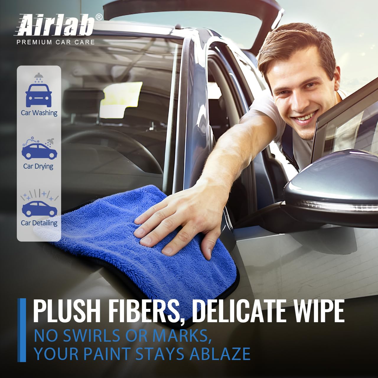 Airlab towel drying a car hood delivering streak-free finish and fast water pickup