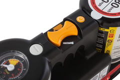 AIRMAN detailed shot of 12V compressor and hose for rapid tire inflation up to 35 PSI