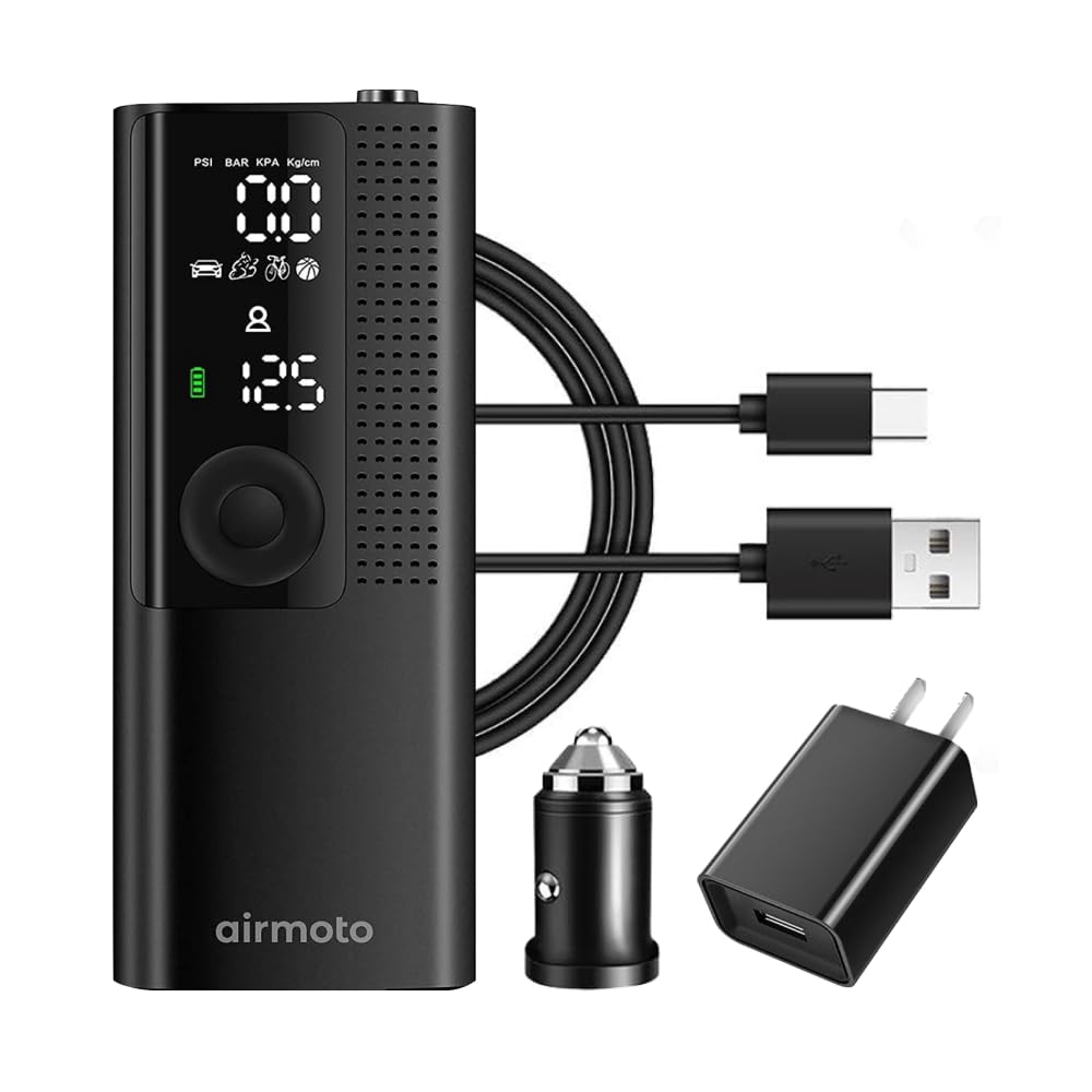 Airmoto pump front view showing compact case and portability benefit