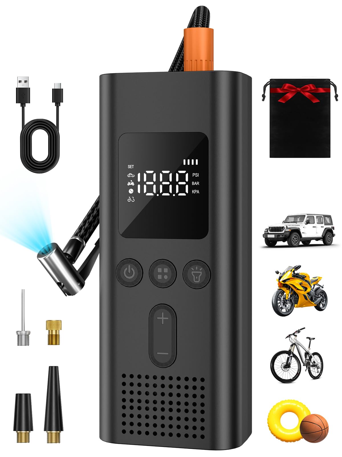 AIRSURE front view showing compact portable compressor and controls for quick inflation