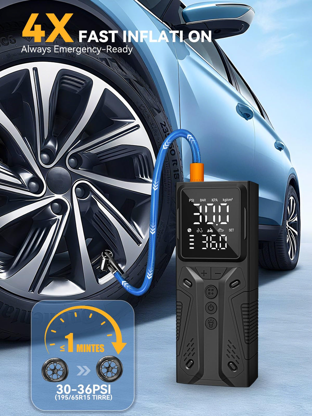 AIRSURE digital LCD close-up displaying pressure units and preset convenience