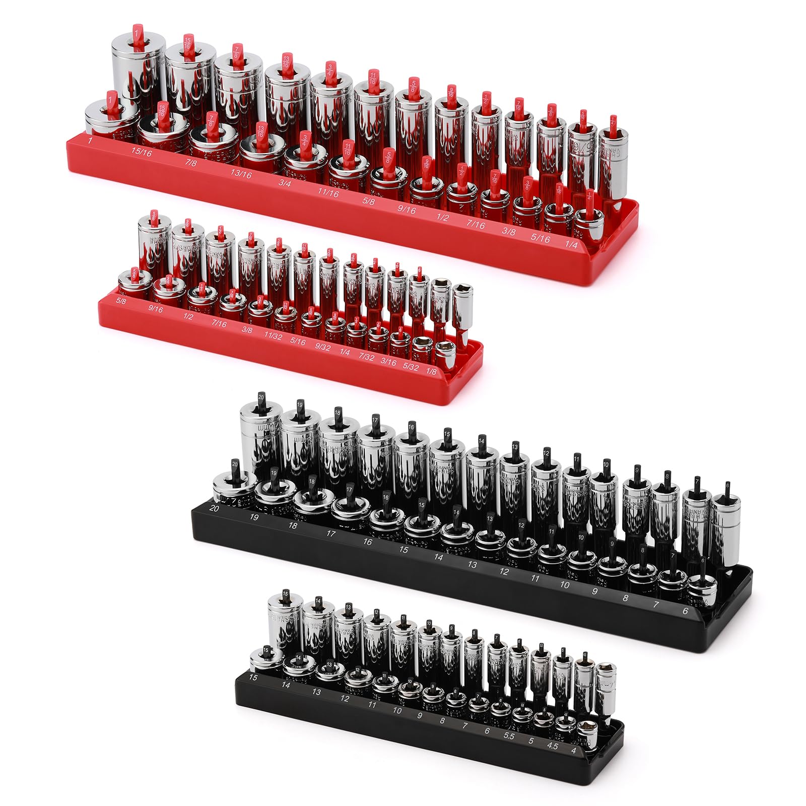 AIRTOON front view of four socket organizer trays showing layout and colors for easy sorting