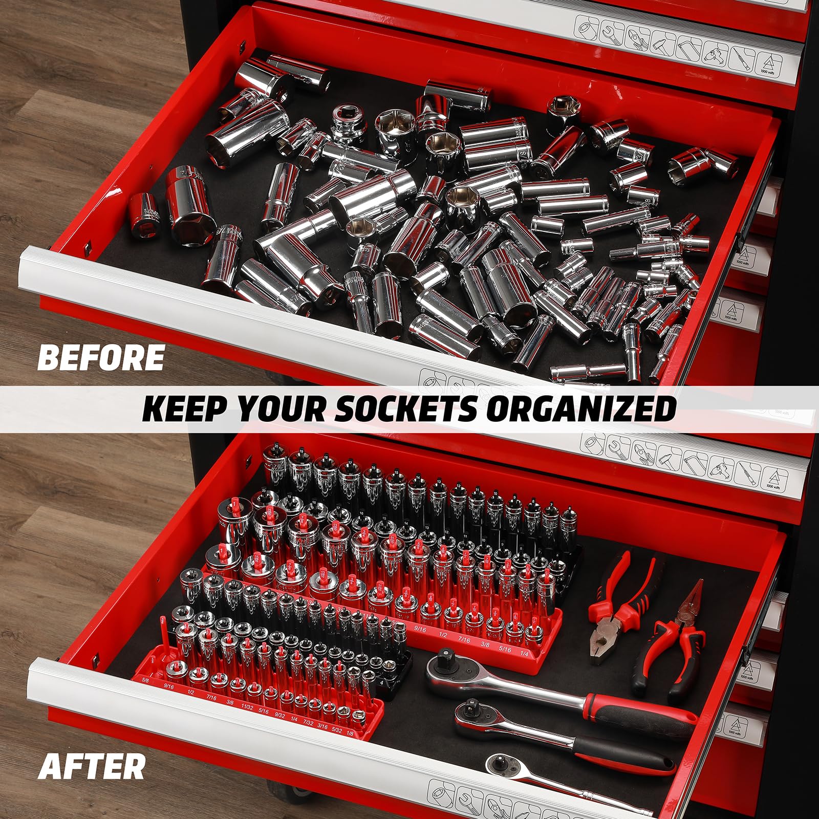 AIRTOON tray beside ruler showing scale for drawer fit and compact storage efficiency