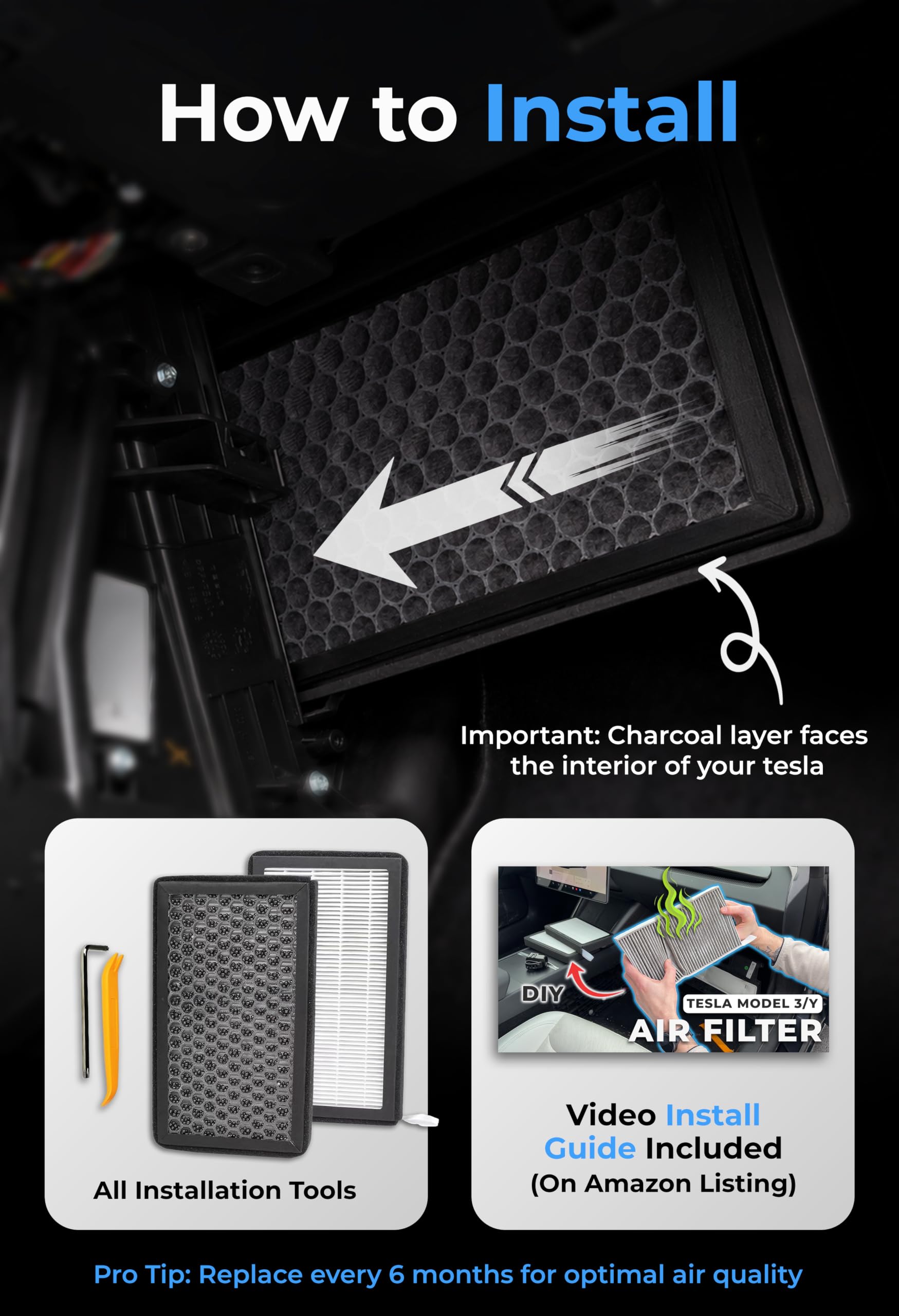 AIRVOLT cabin filter fitted into Tesla housing to ensure correct fit and airflow