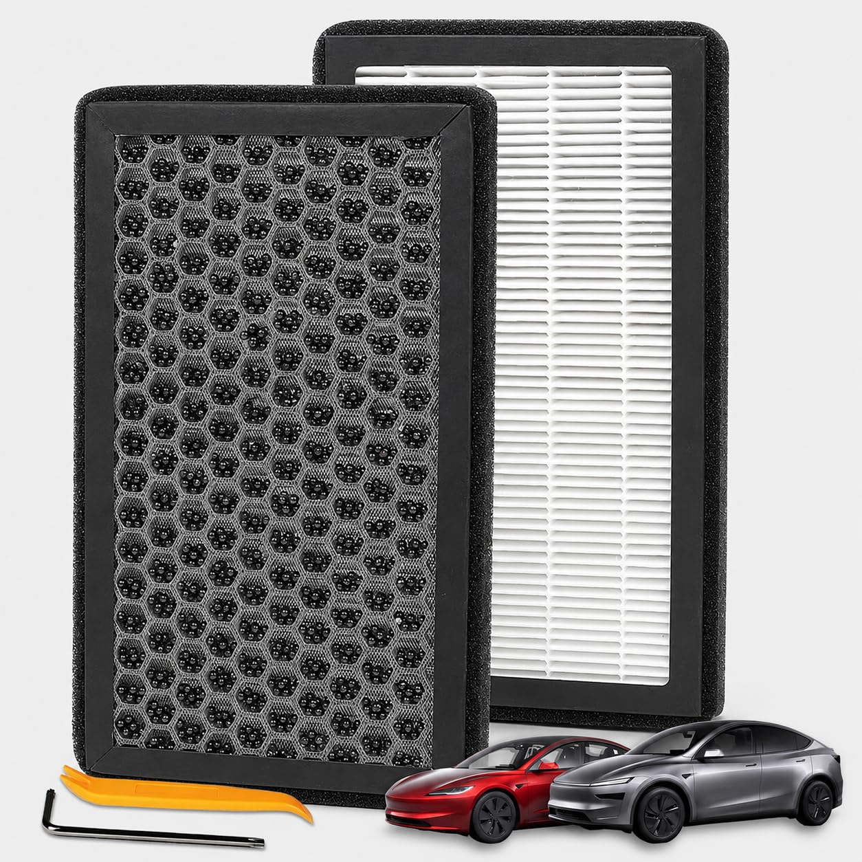 AIRVOLT front packaging for Tesla filter 2-pack showing compatibility and benefits