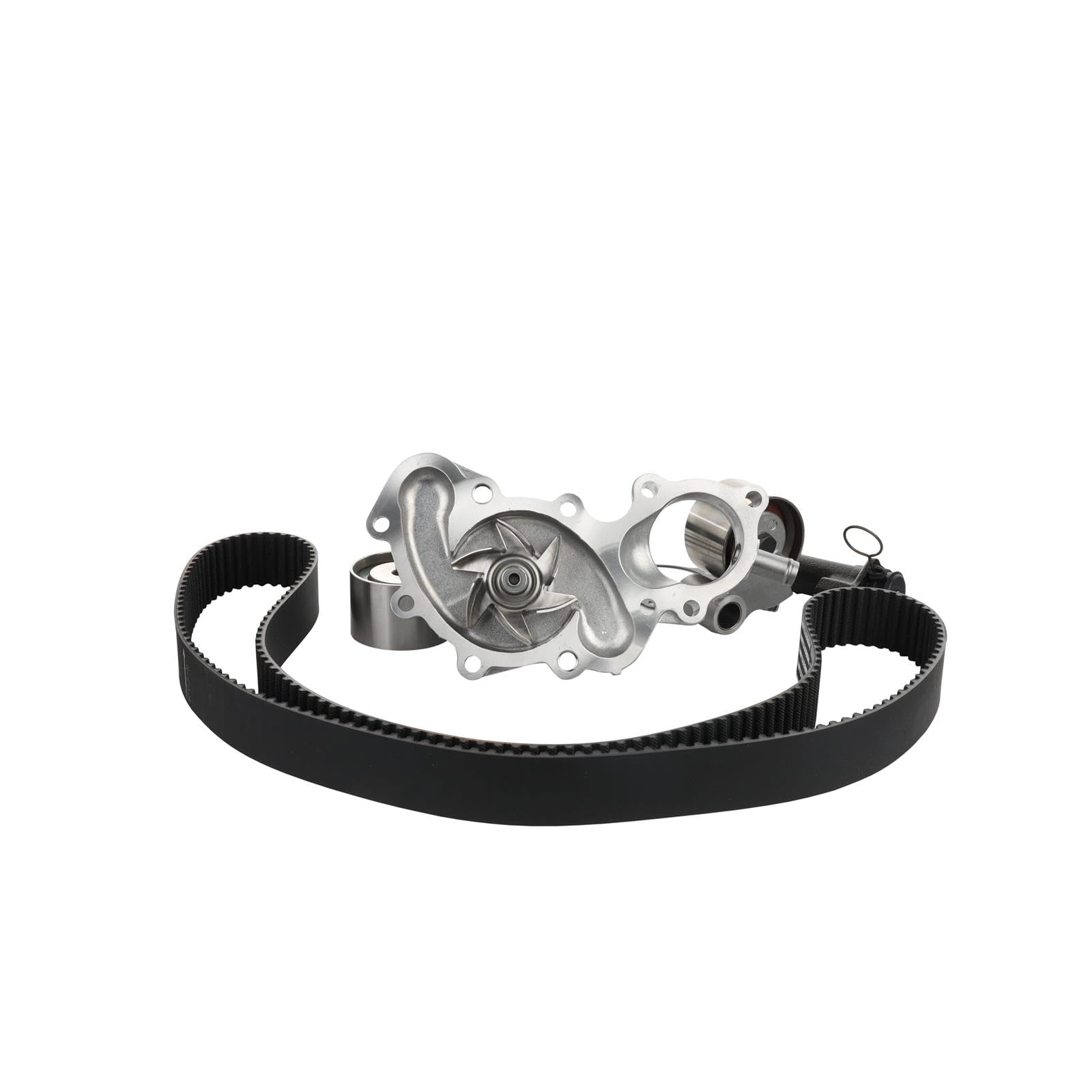 AISIN timing belt with tensioner and pulleys laid out showing OE-matched parts benefit