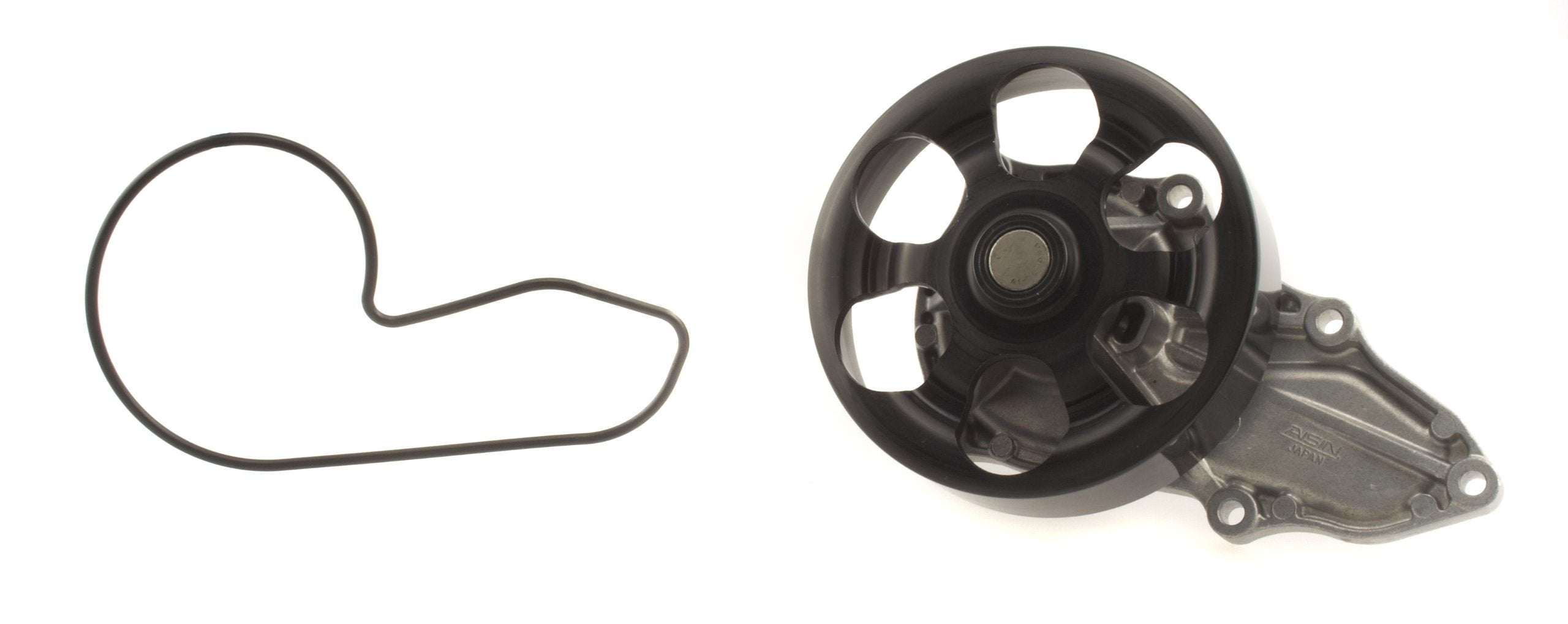 AISIN front view of water pump assembly showing included gasket and pulley for easy replacement