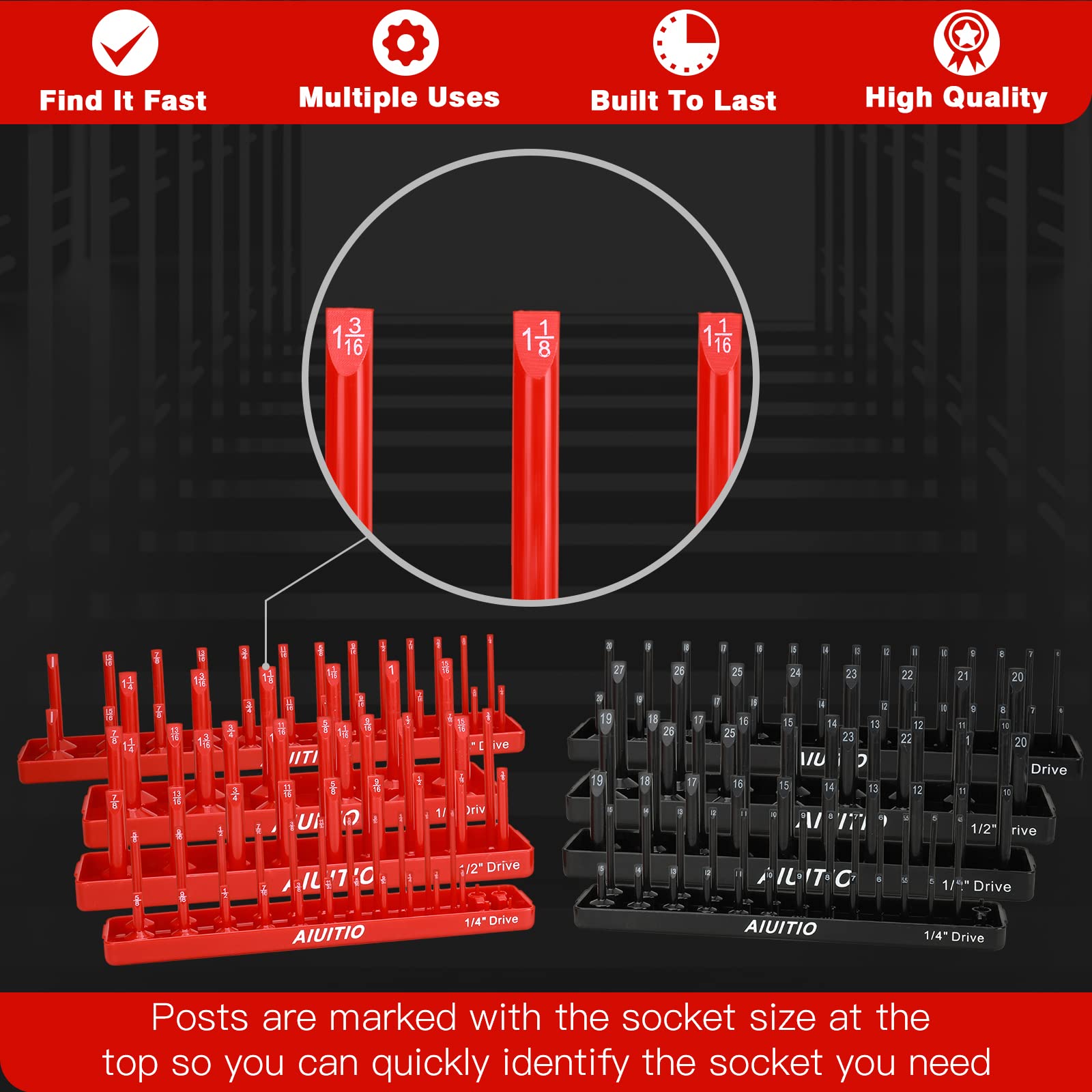 AIUITIO close-up of molded size labels offering instant socket identification