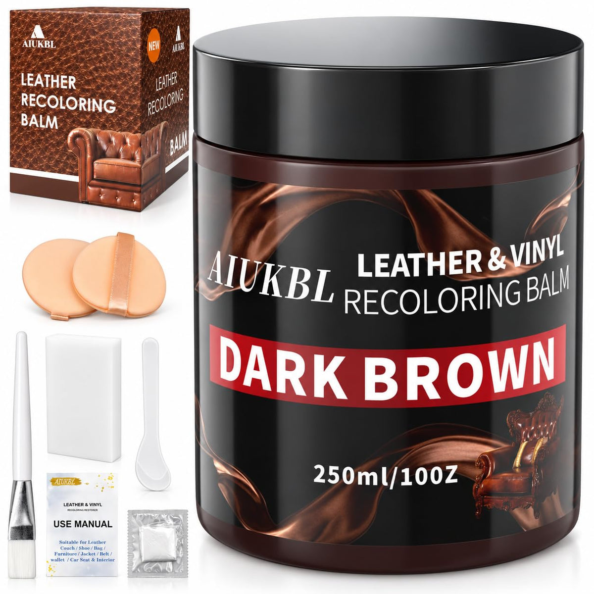 AIUKBL front packaging showing dark brown balm and label, quick cosmetic touch-ups