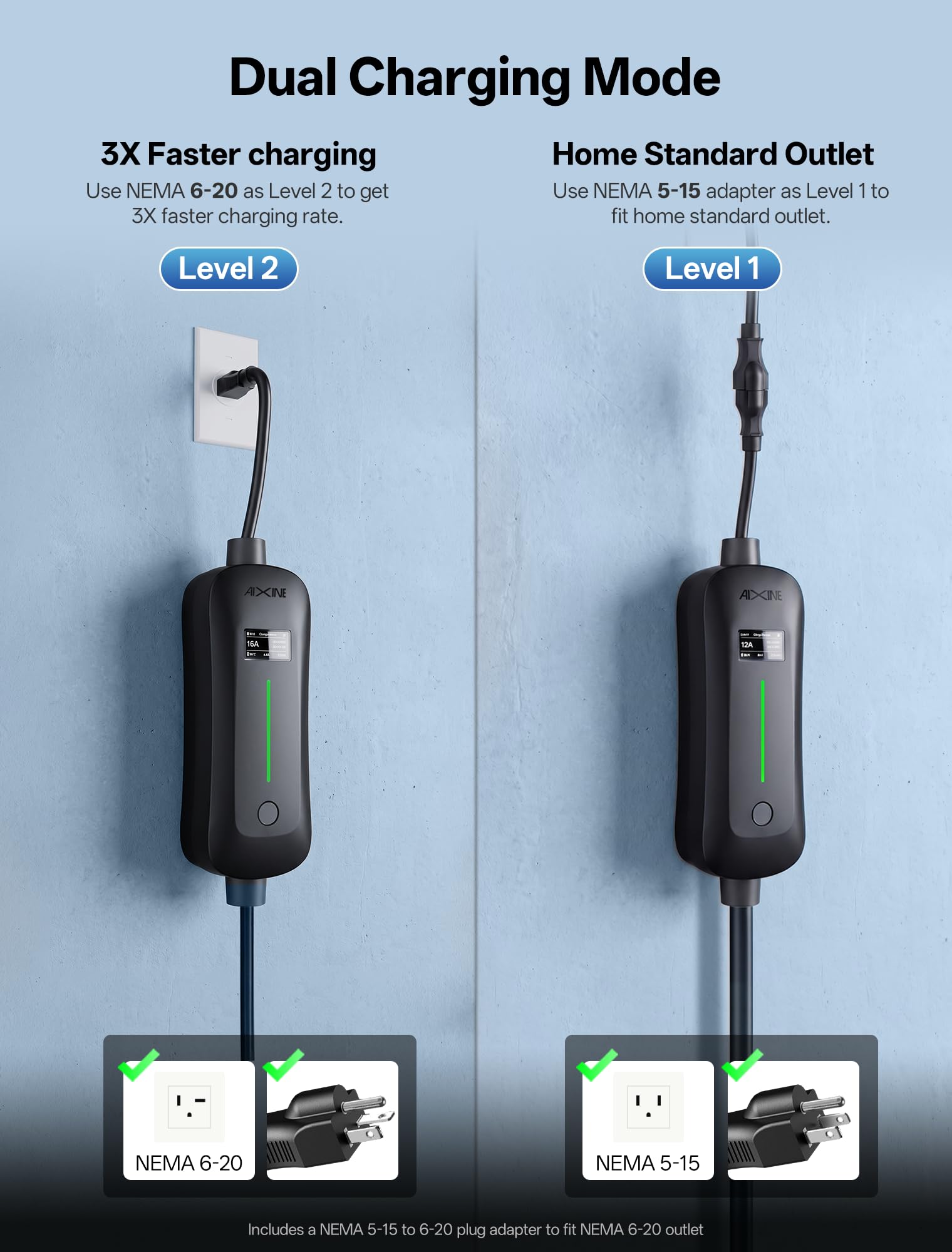 AIXINE J1772 connector close-up demonstrating secure fit and reliable charging
