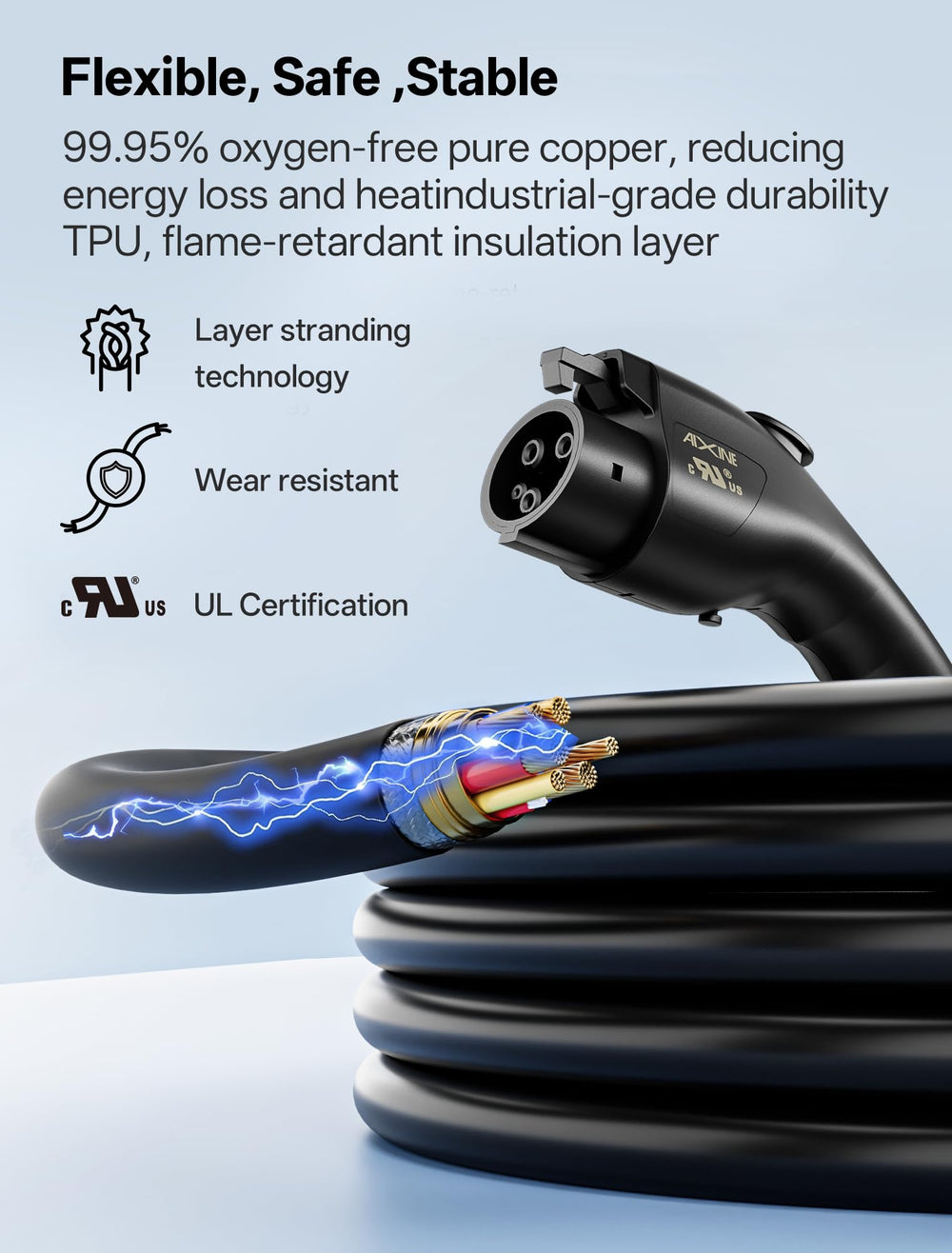AIXINE cable beside measuring tape showing 25ft reach for flexible parking