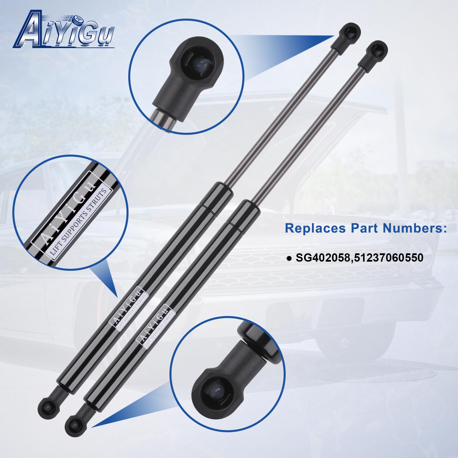 AiYiGu strut mounted on BMW hood, demonstrates secure hood support benefit