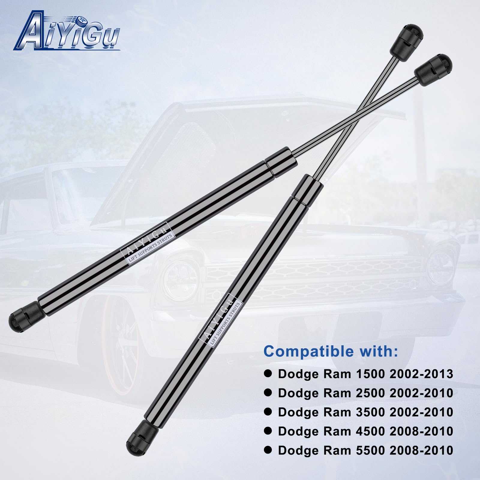 AiYiGu strut mounted on Dodge Ram hood providing secure support and safety