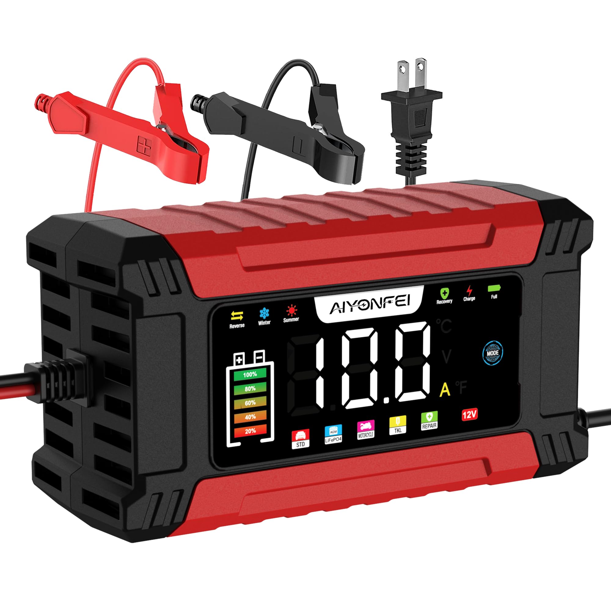 AIYONFEI charger front view showing LEDs and compact case for reliable charging