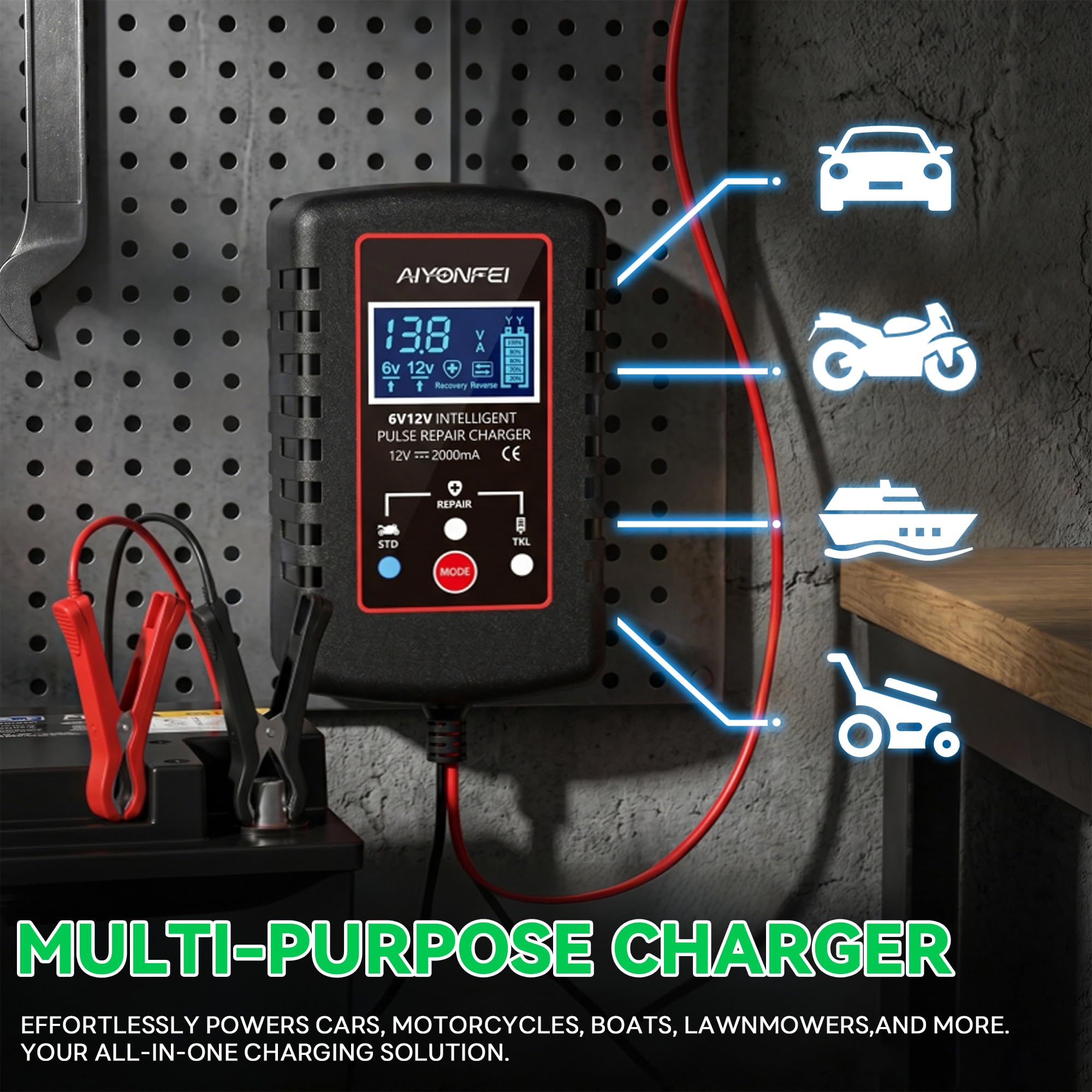AIYONFEI connected to a motorcycle battery demonstrating practical use and convenience