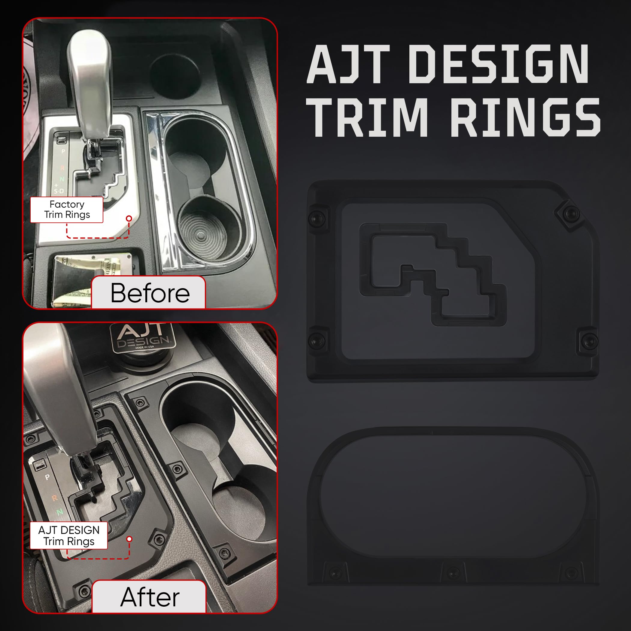 AJT DESIGN cup holder trim detail demonstrating snug fit and reduced glare benefit