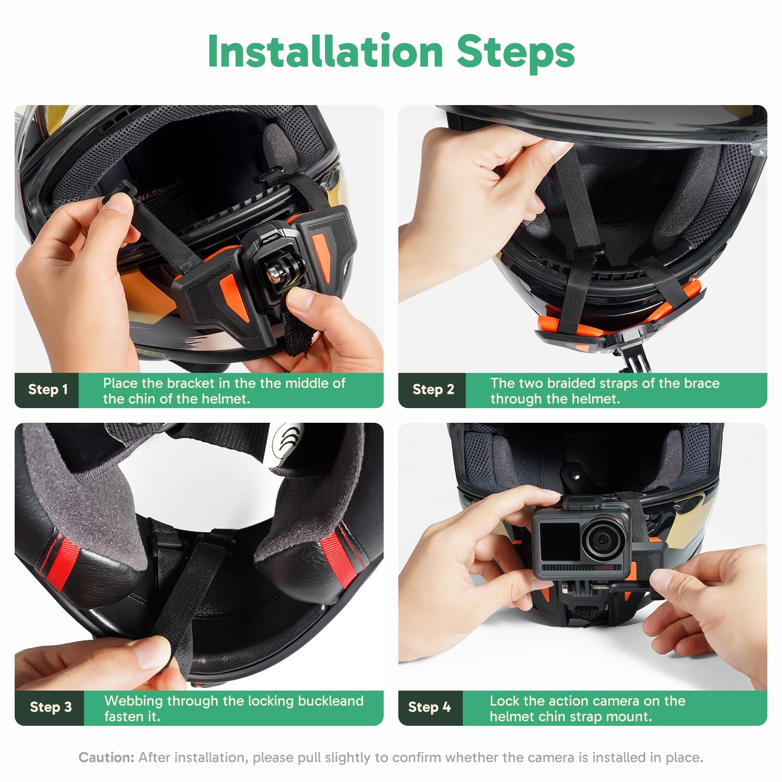 AKASO mounted on full-face helmet showing secure hands-free POV