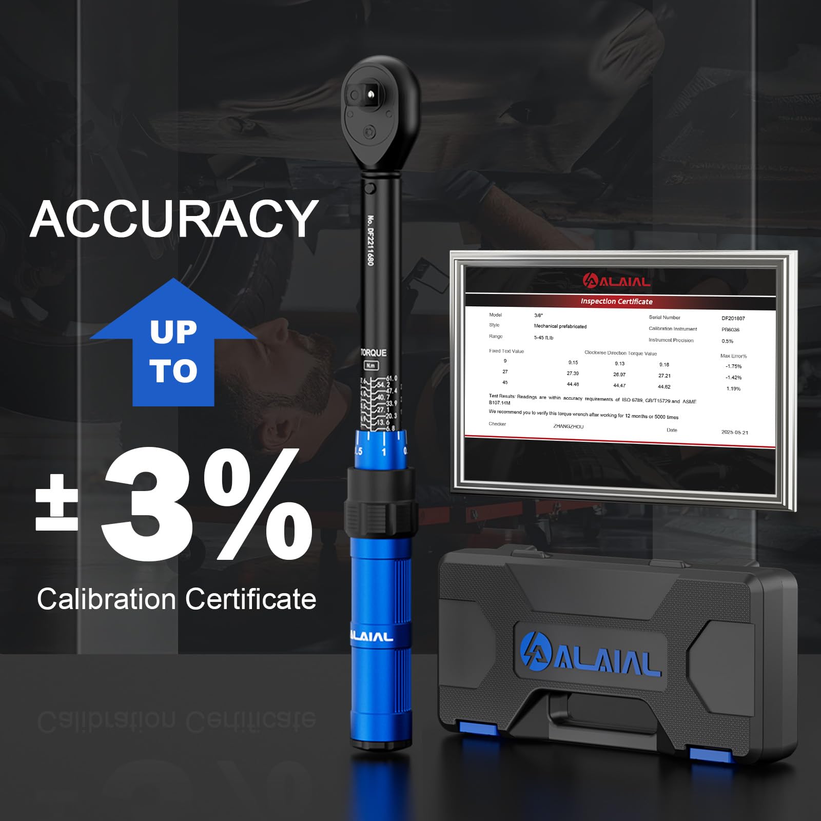 ALAIAL torque wrench scale close-up showing dual ft·lb and Nm markings for accuracy