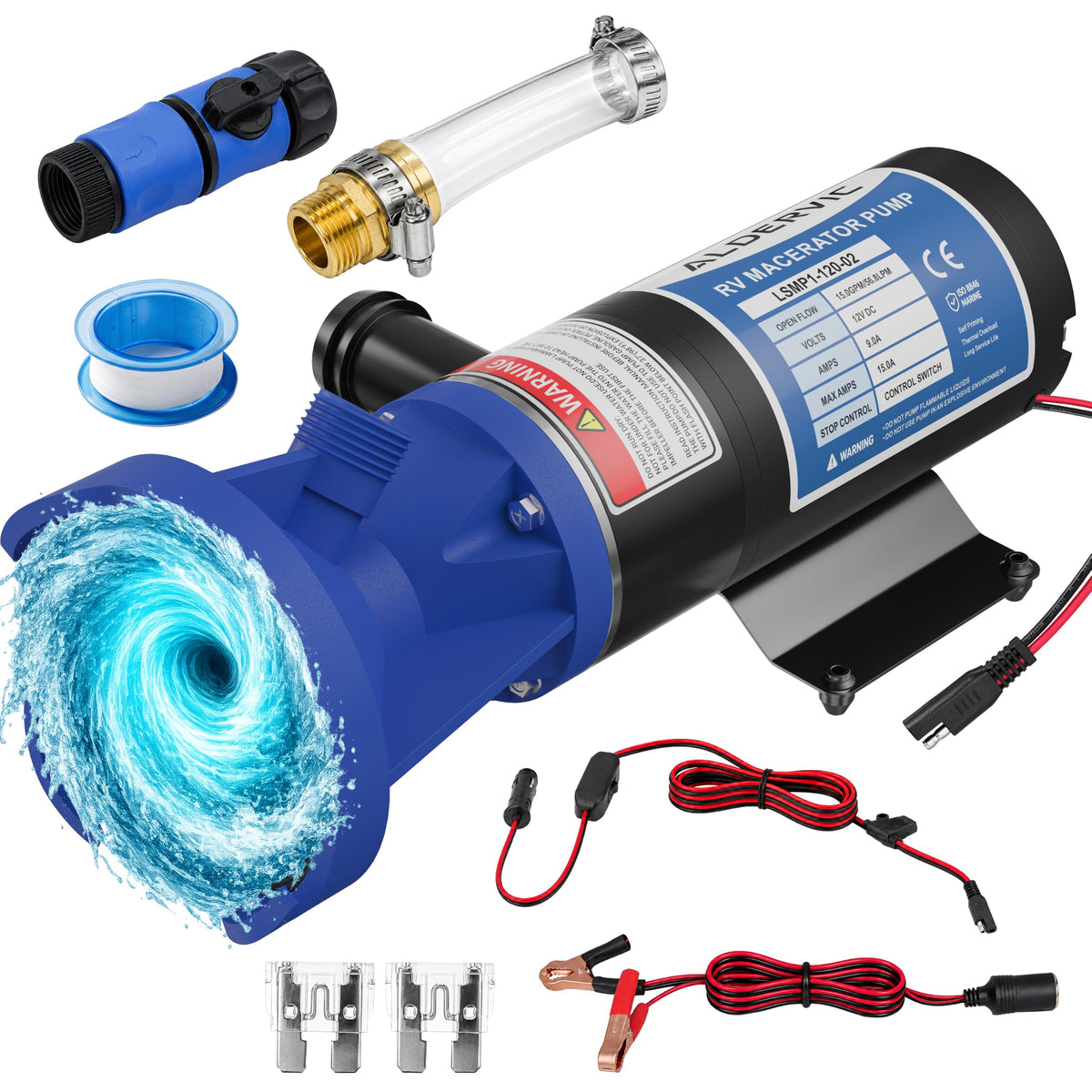 ALDERVIC front view of the 12V macerator pump showing compact design and portability