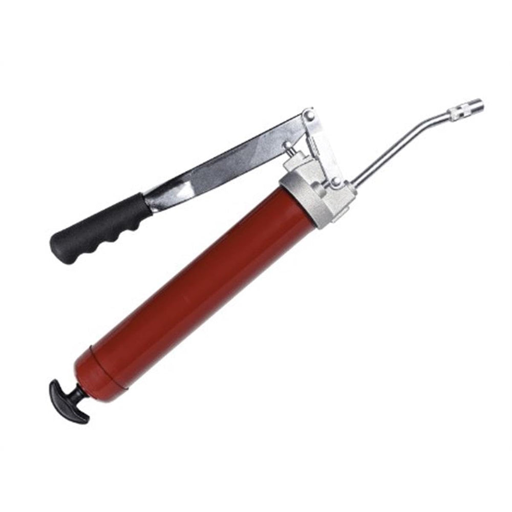 Alemite 500-E flexible 18-inch hose connected to fitting, reach tight grease points