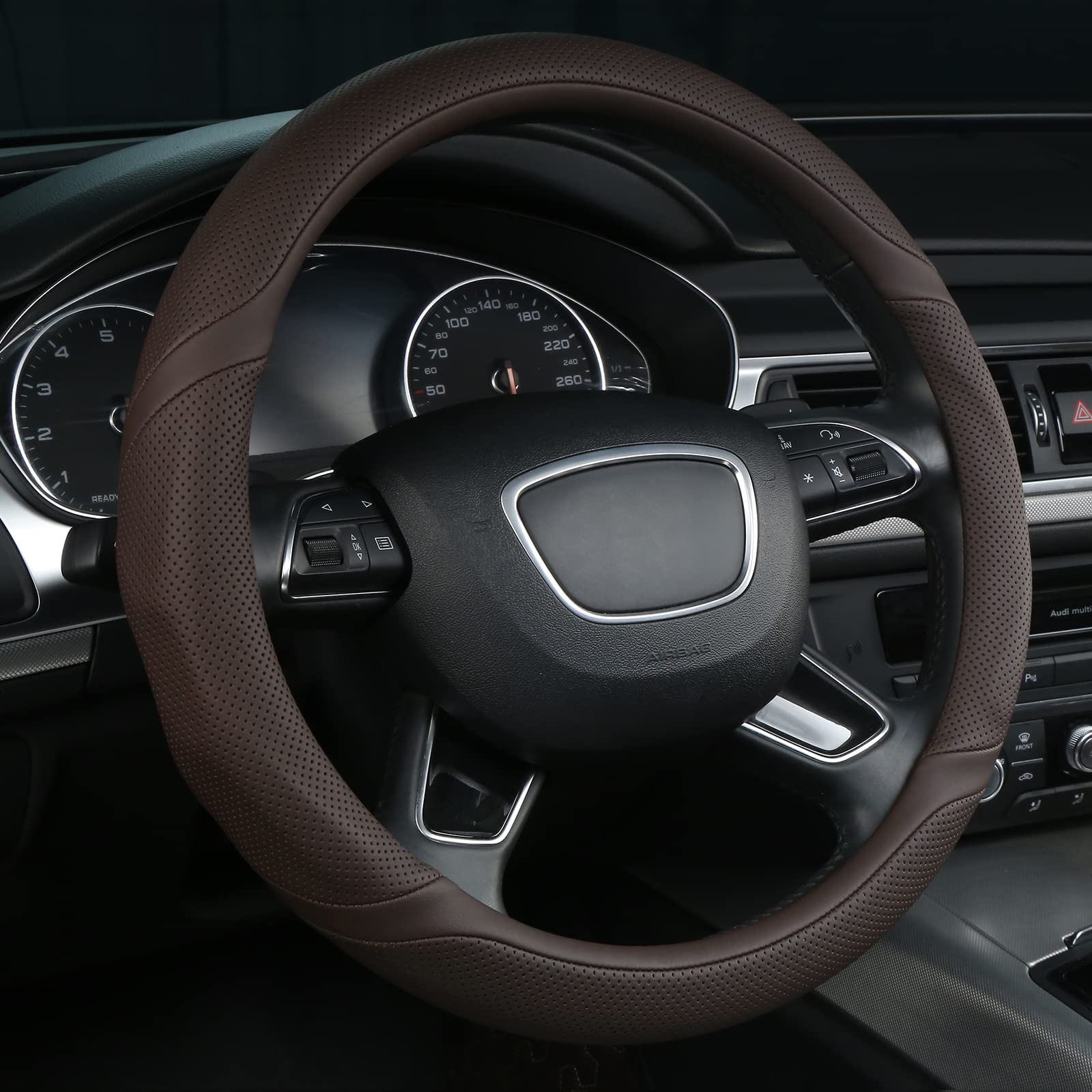 ALEMODR front view of brown leather cover showing refined fit and stylish look