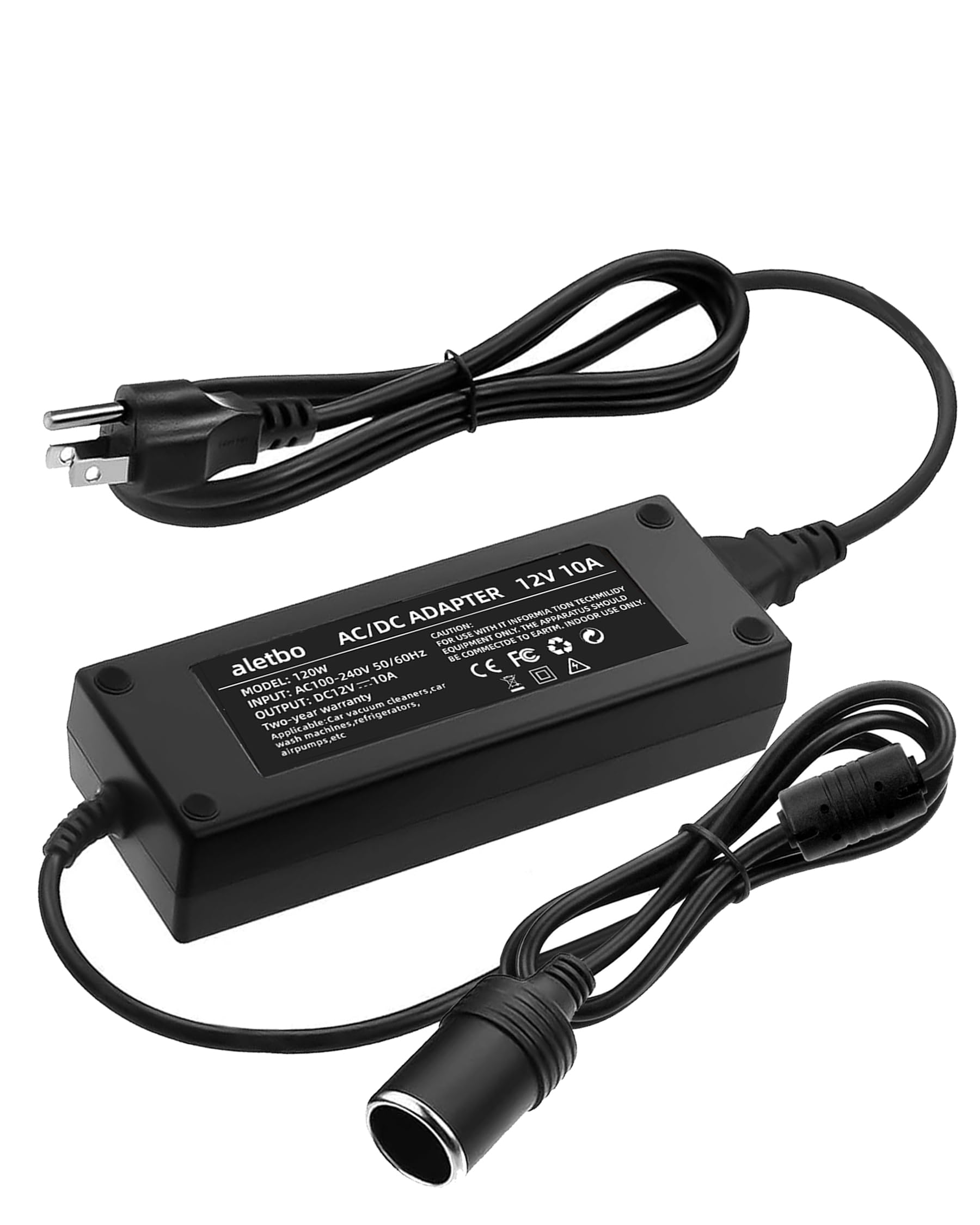 aletbo front view wall plug converter showing socket and plug, ensures convenient 12V use