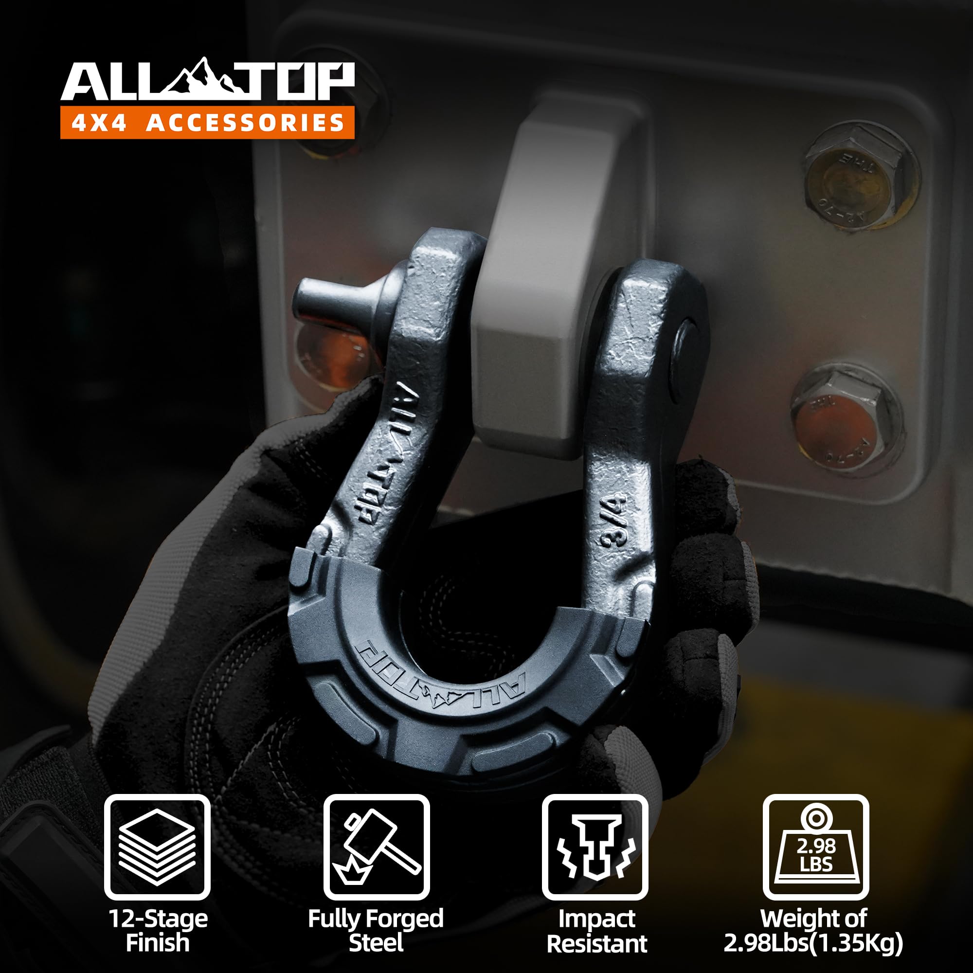 ALL-TOP shackle attached to vehicle recovery strap demonstrating reliable use