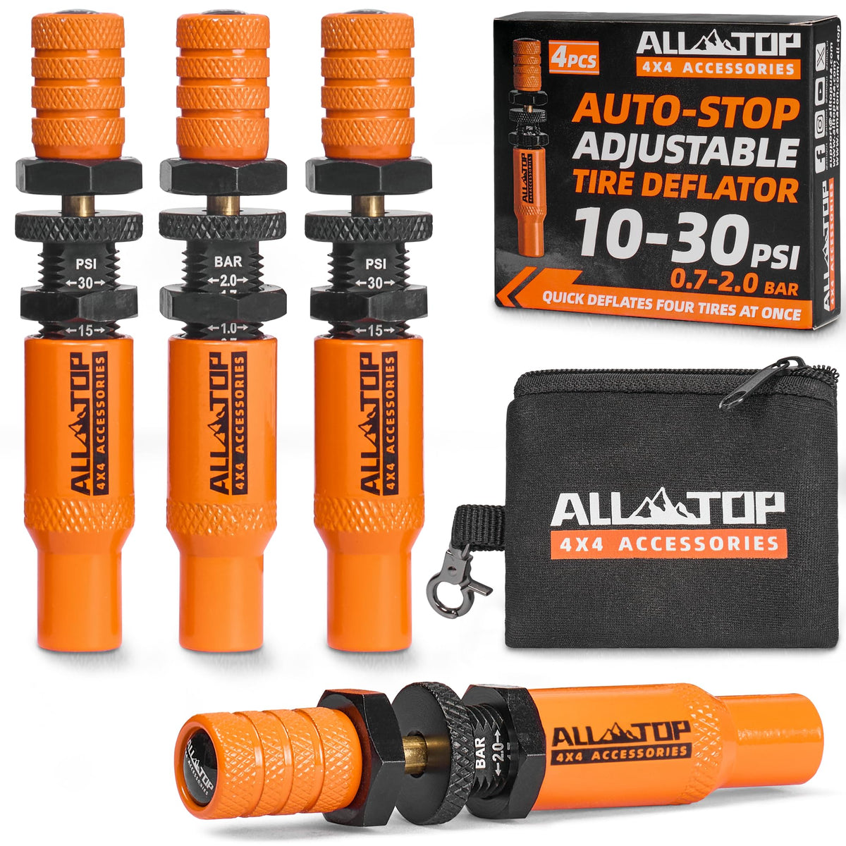 ALL-TOP front view of four-piece deflator kit showing compact package and quick setup benefit