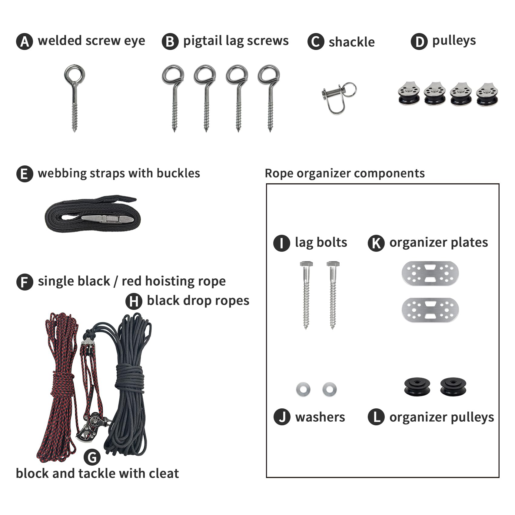ALLCOS close-up of pulleys and webbing straps highlighting durable components and secure lift benefit