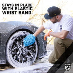 AllGuard mitt washing car door with soap, lifts dirt without scratching