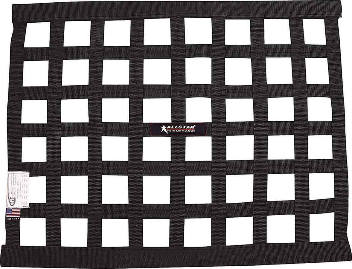 Allstar Performance front view black window net showing full dimensions and fitment benefit