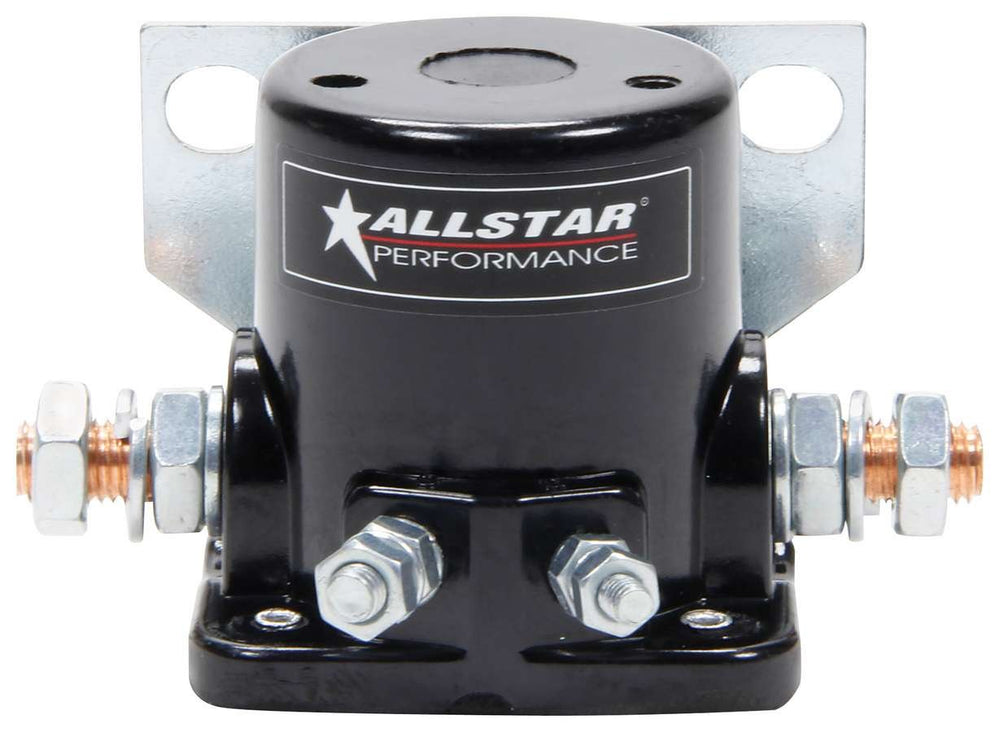 Allstar Performance black starter solenoid front view showing terminals and easy-mount benefit