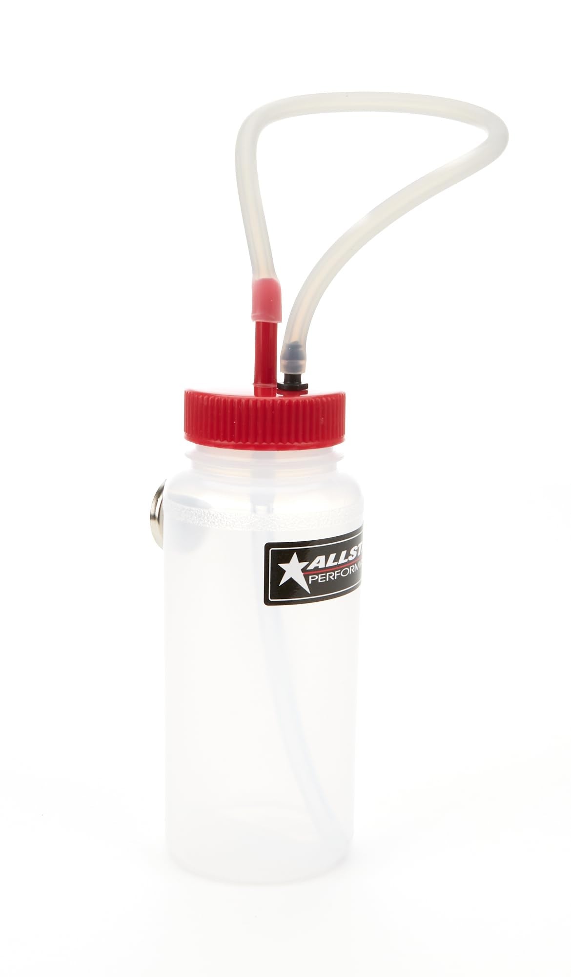 Allstar Performance bleeder bottle front view showing capacity and magnet for secure mounting