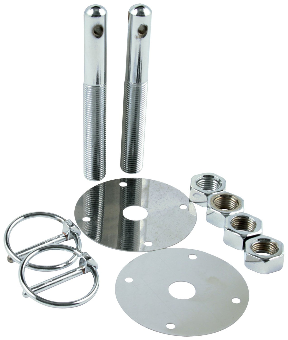 Allstar Performance chrome hood pin kit front view showing pins and clips