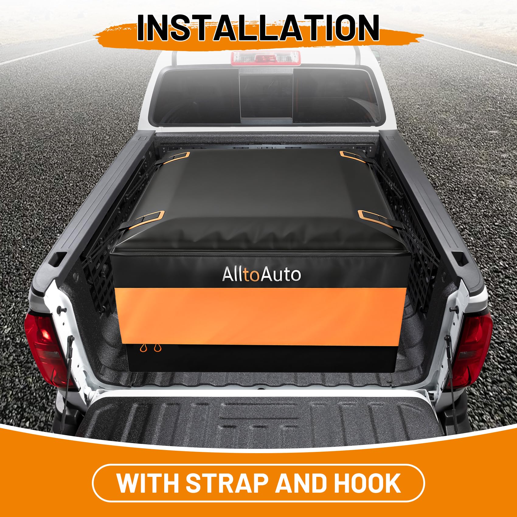 AlltoAuto cargo bag filled in truck bed illustrating large 38 cubic feet capacity