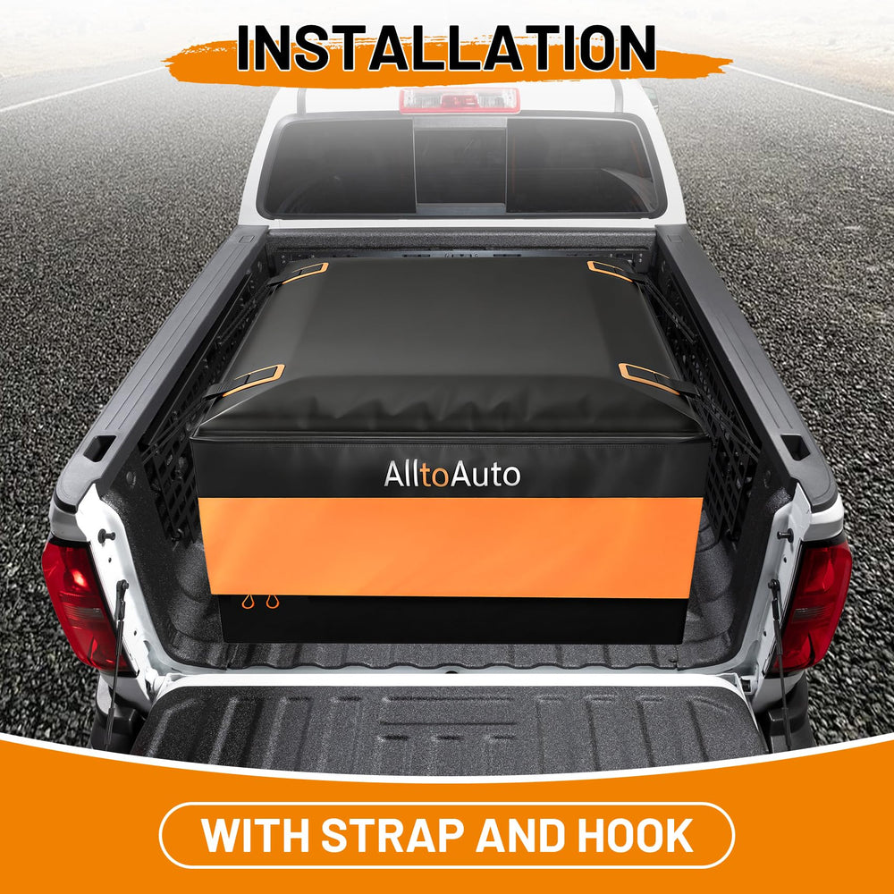 AlltoAuto cargo bag filled in truck bed illustrating large 38 cubic feet capacity