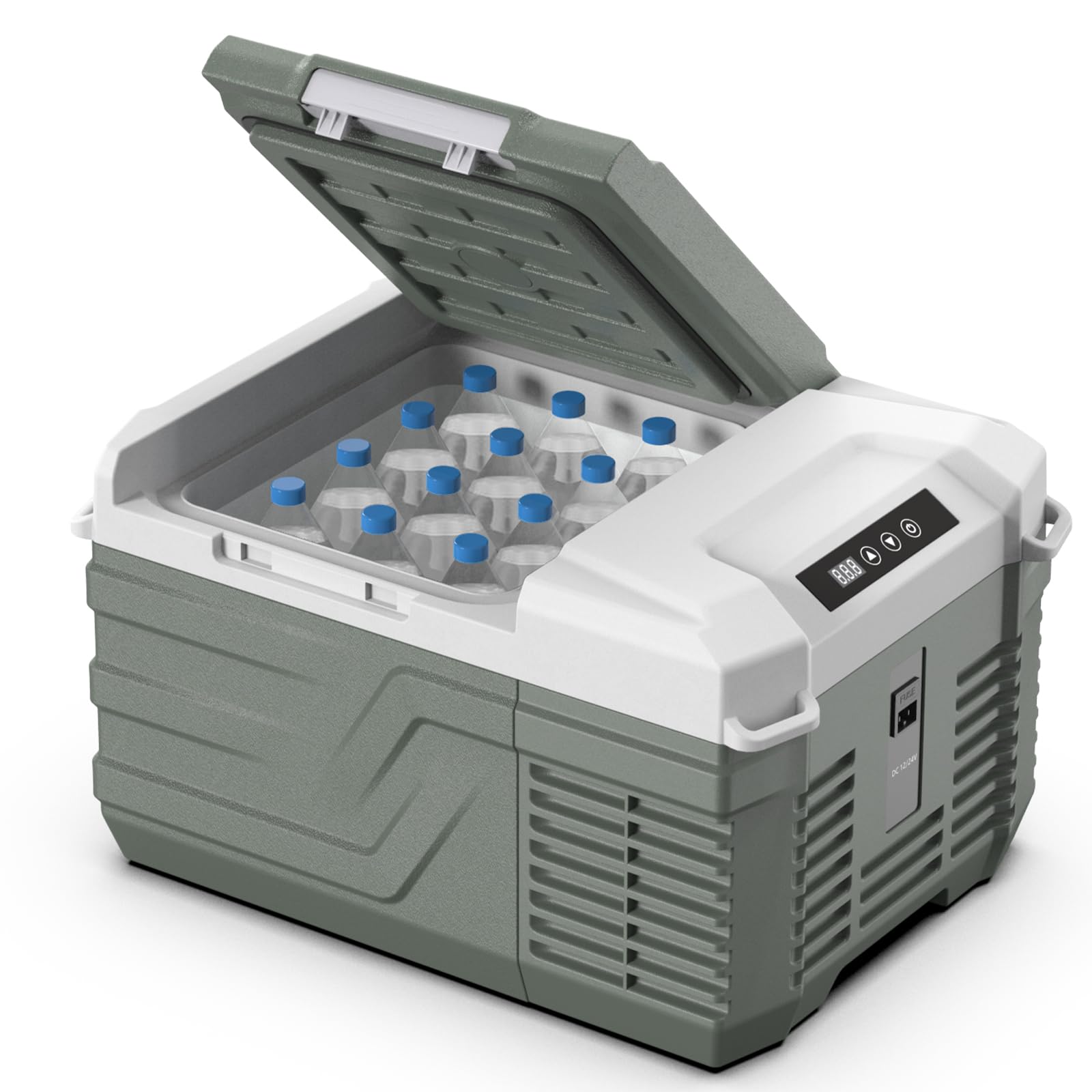 Alpicool front view of compact car fridge showing portability and quick cooling