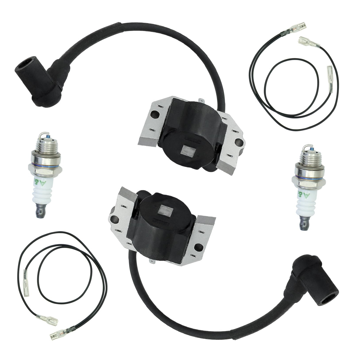 ALRACALL front view of coil kit showing two coils and two spark plugs for reliable replacement