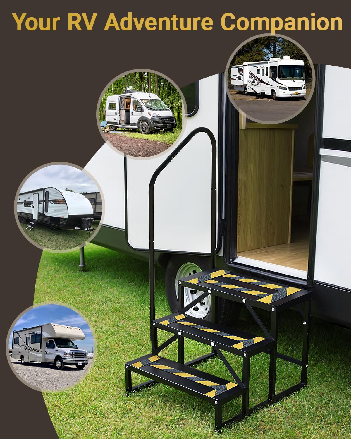 Altyostar steps positioned at an RV doorway demonstrating easier camper access