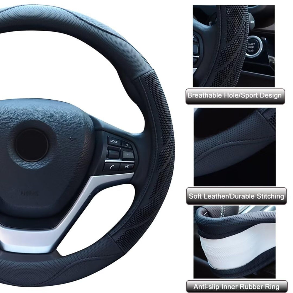 ALUSBELL steering wheel cover beside ruler showing universal 14.5–15" fit
