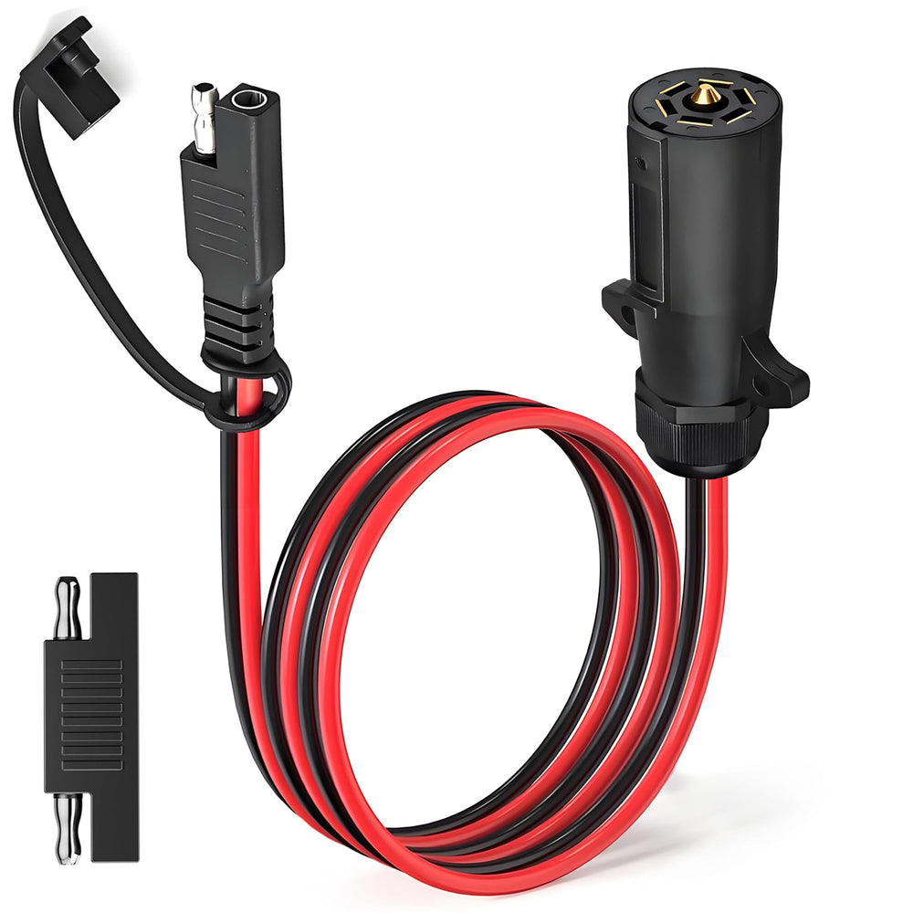 AMAKE front view of 7-way plug to SAE adapter showing connectors and grip hooks, convenient hookup
