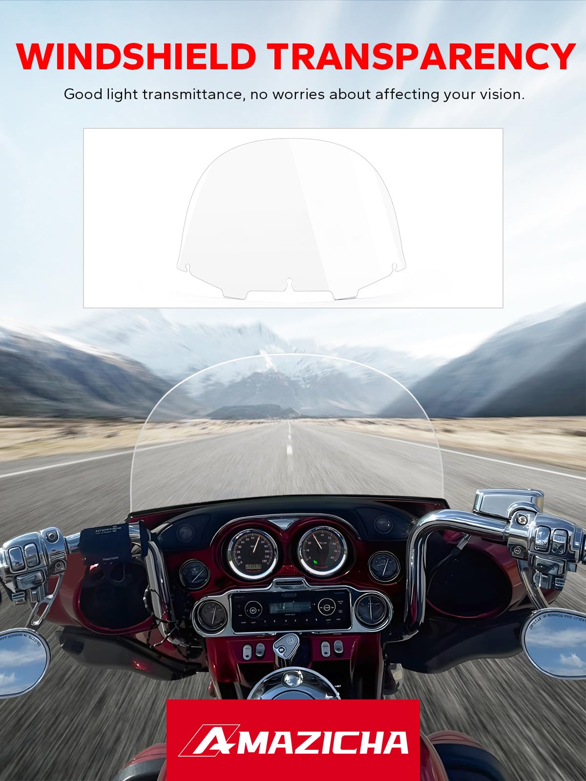 Amazicha windshield installed on Harley Electra Glide demonstrating wind protection benefit