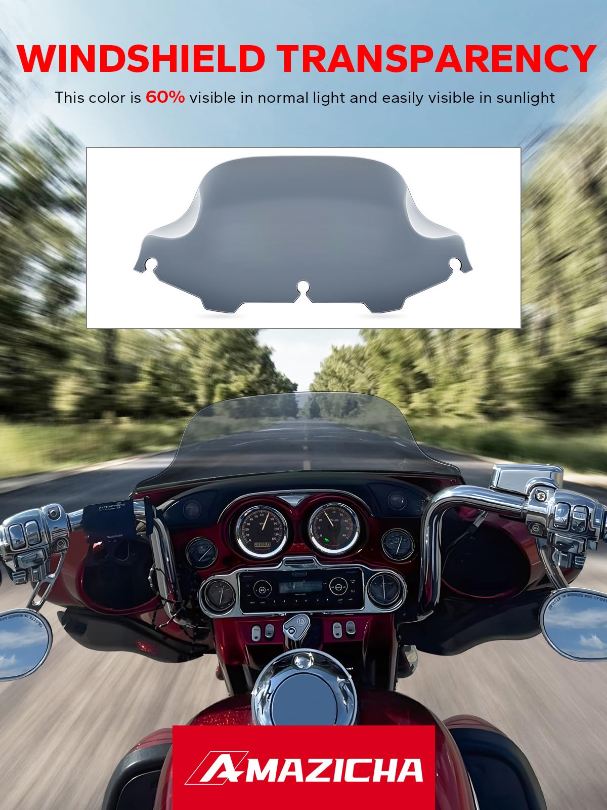 Amazicha windshield installed on Harley Street Glide demonstrating reduced buffeting