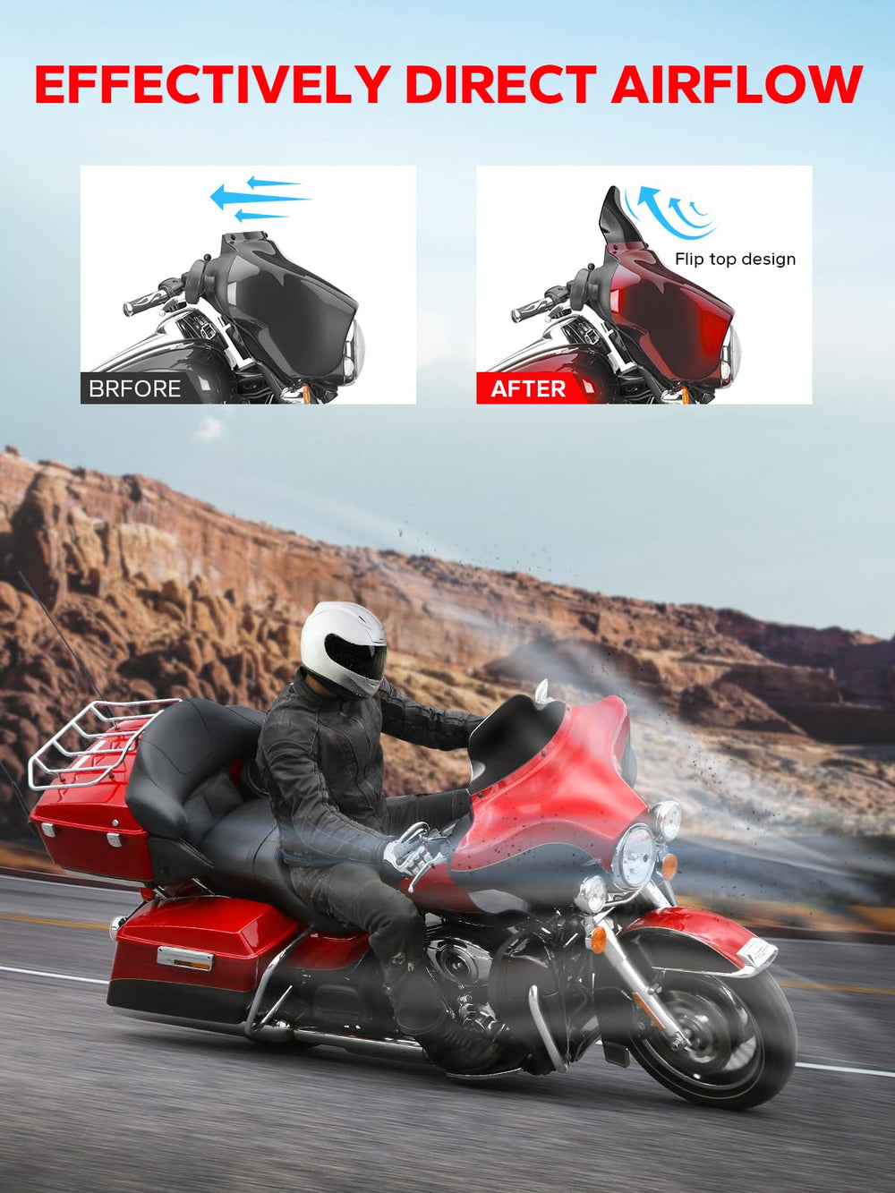 Amazicha side profile installed on fairing demonstrating reduced wind buffeting for riders