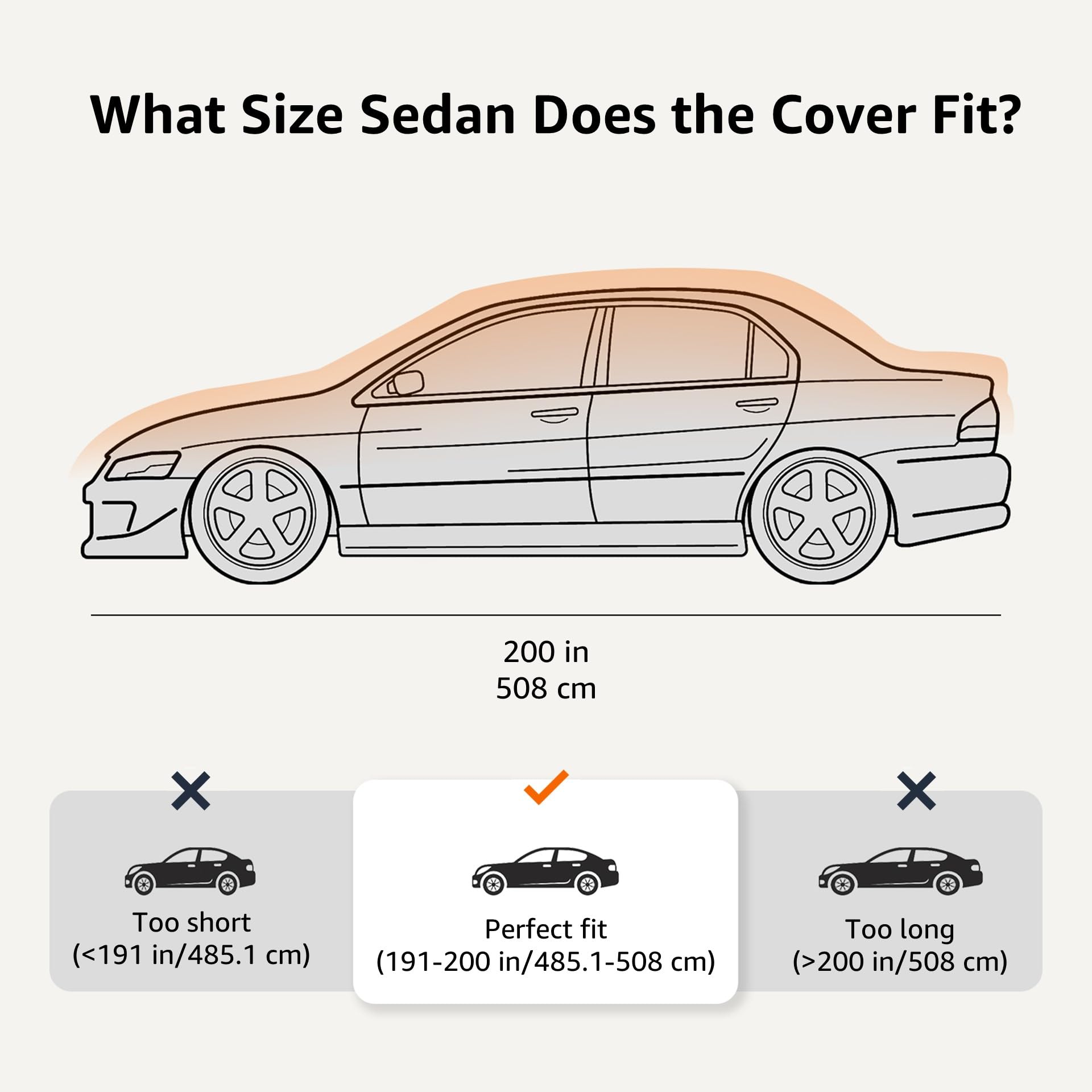 Amazon Basics cover on sedan with ruler showing fit for up to 200 inches