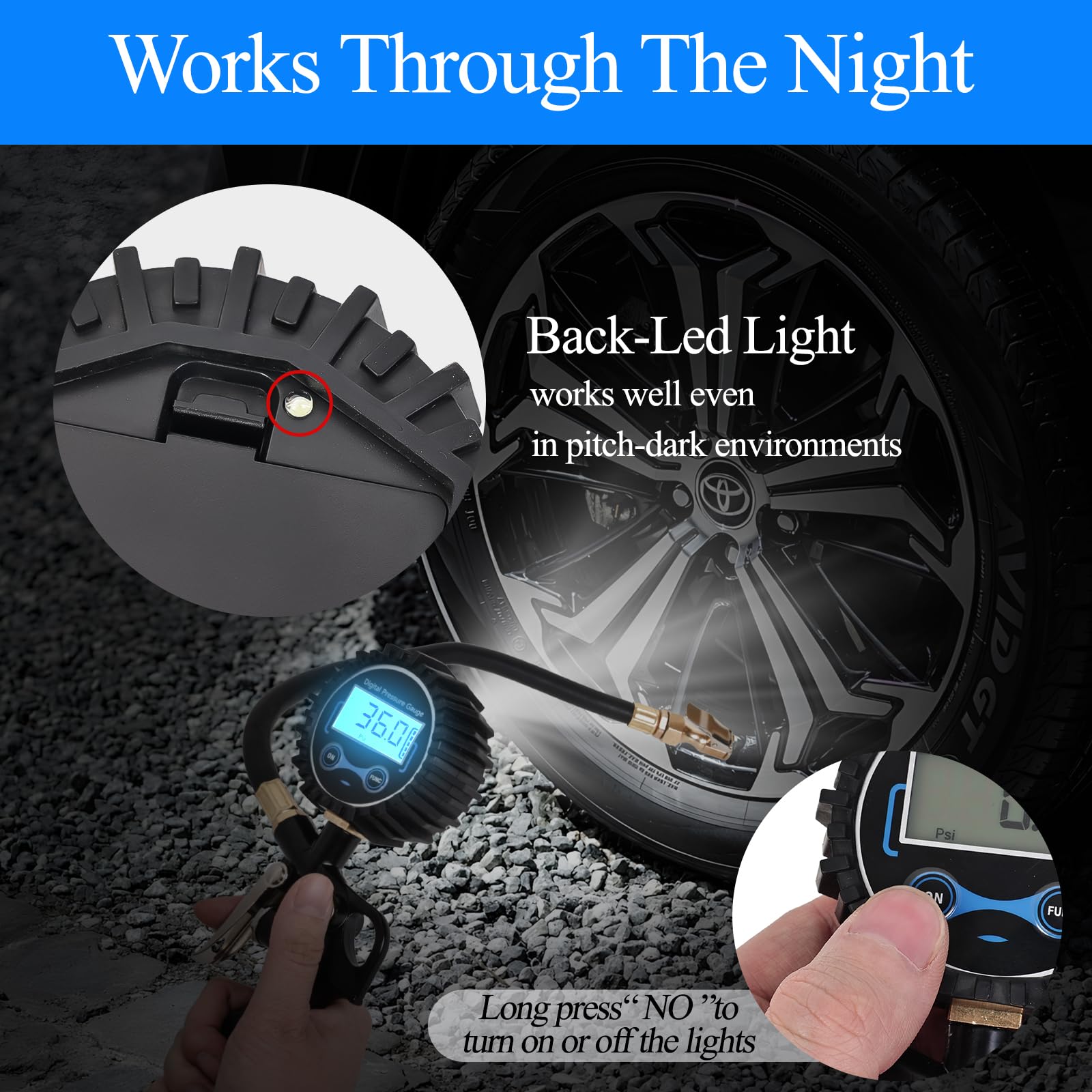 AmazStove gauge attached to car tire valve demonstrating real-world use